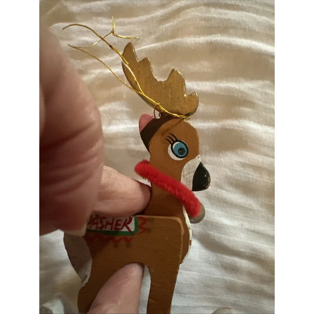 Vintage Kurt Adler Santa's Reindeer Dasher & SkierChristmas Ornament Wooden 1977